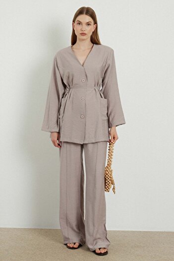 Hooopstore Stone Colored Button Detailed Trousers Set