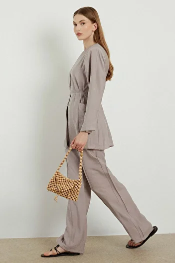 Hooopstore Stone Colored Button Detailed Trousers Set