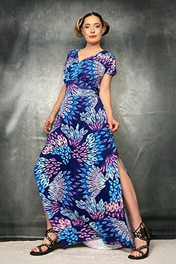 Quincey Long Maxi Slit Blue Purple Patterned Dress