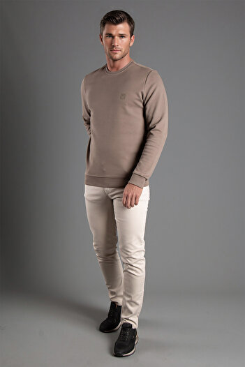 ZEKİ ÖZER Men's Mink Color Crew Neck Textured Sweater