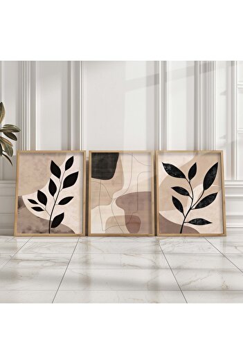 STARYUNA Wooden Framed 3-Piece Beige Black Boho Painting Yuna26