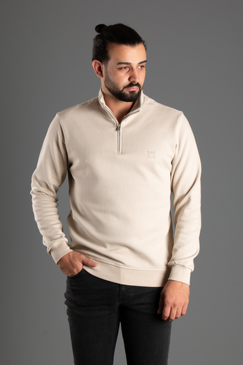 ZEKİ ÖZER Beige Men's Sweater - Stand Collar and Zipper