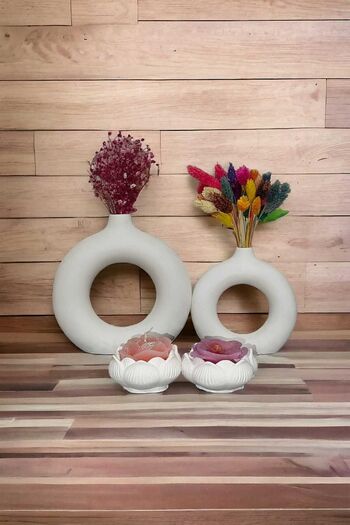RAİSE STYLE 4 Piece Raw White Decorative Set - Large Ring Vase, Small Ring Vase and Lotus Candle Holder