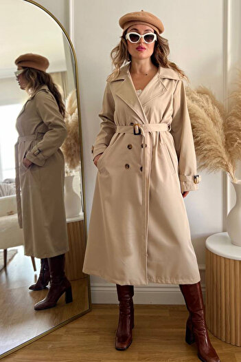 AYASOFYA OTANTIK Beige Double Breasted Collar Women's Trench Coat