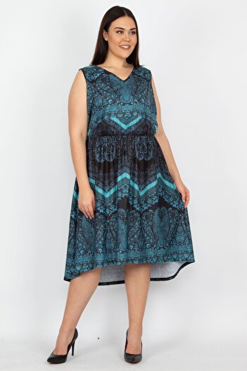 Şans Women's Large Size Petrol Back Robe Lace Waist Elastic Dress 65n27924