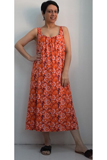 Mertcan Butik Orange Patterned - Gathered Back Strap Viscose Dress