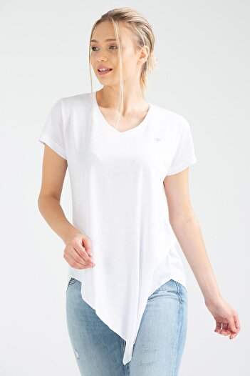 speedlife White Regular Knitted Pattern V-Neck Short Sleeve Women's T-Shirt Sf0388