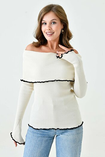 vuvutasarım Madonna Collar Cream Πλεκτή Μπλούζα - Μακρύ μανίκι 1028