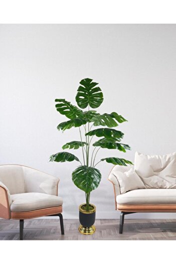 Nettenevime Yapay Ağaç Monstera Ağacı Salon Bitkisi Siyah Gold Metal Vazoda 130 Cm 12 Yaprak