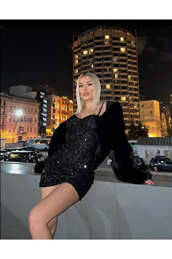MY DEPO Kadın Askılı Göğüs Gloplu Pul Payetli Mini Elbise