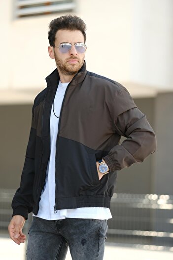 Oksit Men's Seasonal Coat - Phnom Water Repellent, Stripe Detailed, Stand Collar, Raincoat