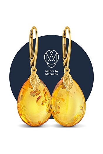 Amber by Mazukna Bal Sarısı Damla Kesim Kehribar Küpe, 925 Gümüş Altın Kaplama Kilit, Genç, Sertifikalı