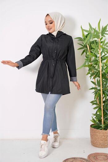 HARMAN BUTİK Women's - Short Bondi Trench Coat with Zipper and Sleeve Stripes