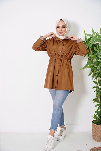 HARMAN BUTİK Women's - Zippered Short Bondit Trench Coat with Sleeve Stripes