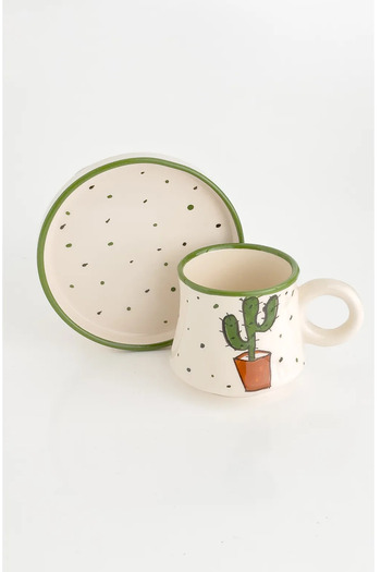 Porsellena Coffee Color Ceramic Cup Set of 2 - Cactus Patterned, Handmade Series