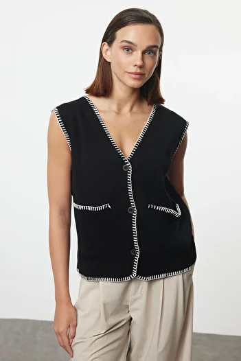 Trendyol Collection Color Blocked Black V-Neck Vest - TWOAW25YE00025