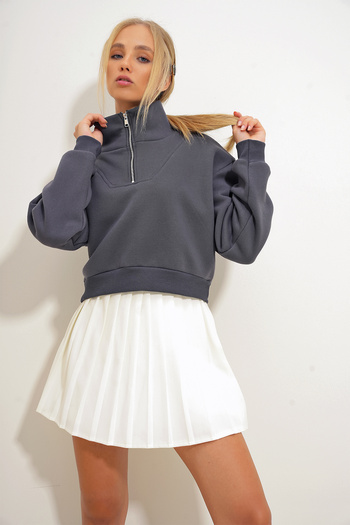 Trend Alaçatı Stili Γυναικείο φούτερ με ζιβάγκο Anthracite Crop - 3 κλωστές εσωτερικά ανυψωμένο