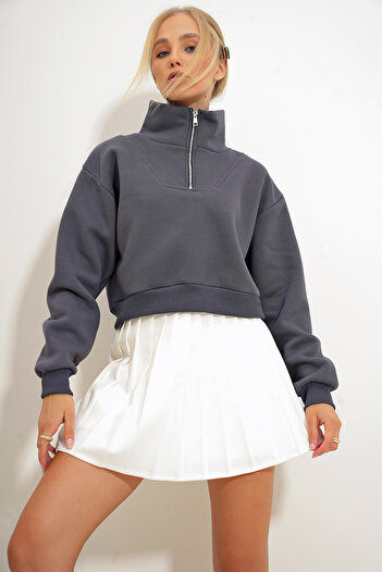 Trend Alaçatı Stili Γυναικείο φούτερ με ζιβάγκο Anthracite Crop - 3 κλωστές εσωτερικά ανυψωμένο