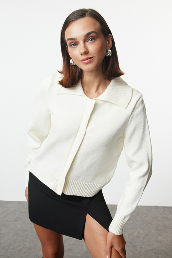 Trendyol Collection Turn-Down Collar Zippered Ecru Knitwear Cardigan - Soft Textured Twoaw24Hi00092