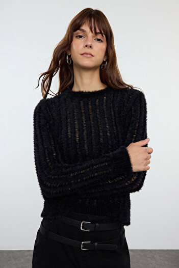 Trendyol Collection Pulover subțire, negru, transparent, tricotaj - TWOAW25KZ00229