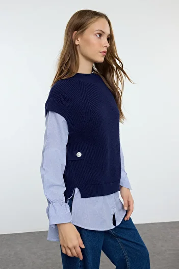 Trendyol Collection Cămașă cu textura moale albastru marin Pulover de tricotaj garnit TWOAW25KZ00033