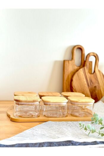 Mottogo 6-Piece Bamboo Tray Vacuum Lid Borosilicate Glass Breakfast Set
