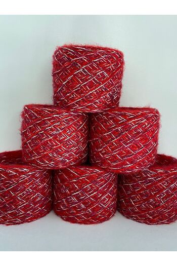 göçer Knitting Yarn Moher Cotton: Red Plum Cream and Glitter Visual Net 600Gr