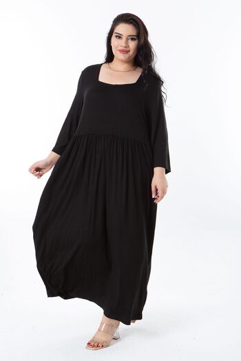 Şans Plus Size Black Capri Sleeve Dress - Square Collar, Drawstring Waist 65n38248