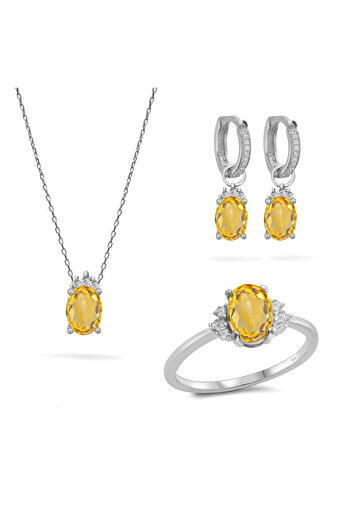 Silveranka 925 Ayar Gümüş Sitrin Oval Taşlı Trend Takı Seti