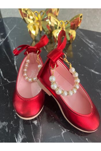 ADA ANNE ÇOCUK MODA Girl's Shiny Red Pearl Detailed Ballerina Shoes