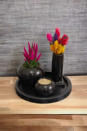 RAİSE STYLE Shiny Black Dry Herbal Succulent and Candle Holder Set - 4 Piece Gift Products