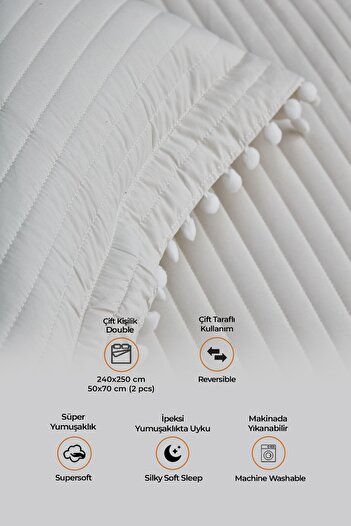 Evlen Home Collection 100% Cotton Double Bedspread Set Quilted Pompom Pique Set Filled Off-White