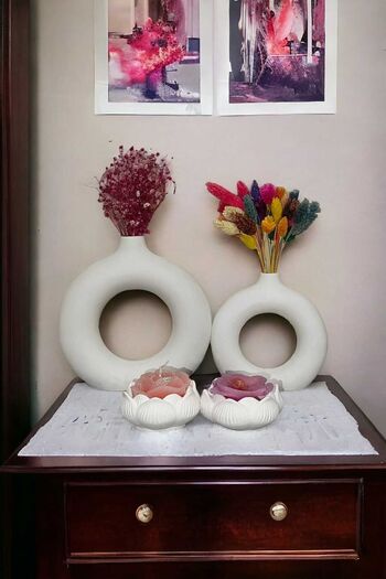 RAİSE STYLE 4 Piece Raw White Decorative Set - Large Ring Vase, Small Ring Vase and Lotus Candle Holder