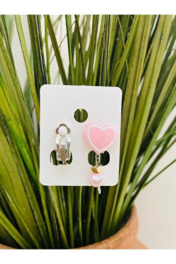 1PARÇAMAVİ Pink Pearl Heart Gelibon Clip Children's Earrings - Perforation-Free Stud Earrings