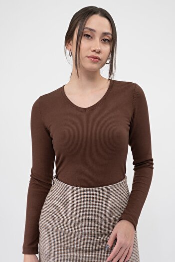 Soyo Women's Dark Brown V-Neck Long Sleeve Corded Knitted Basic Blouse
