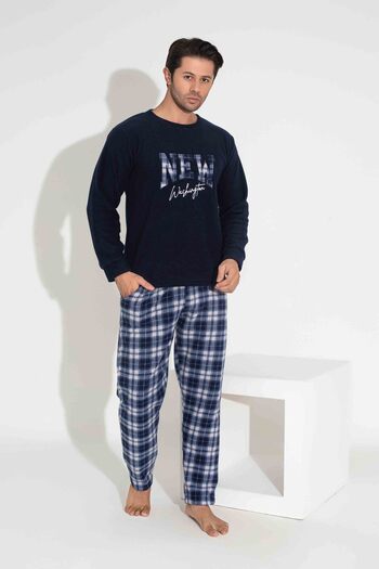 Tarık Navy Blue Plaid Patterned Fleece Fabric Long Sleeve Men's Pajama Set - Father-Sogul