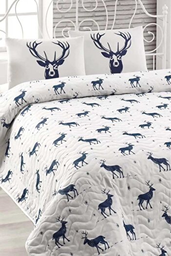 Eponj Home Single Person Quilted Bedspread Set Deer Navy Blue