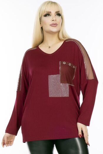 Kheos V-neck Pocket and Sleeves Mesh Detail Stone Embroidered Long Sleeve Comfortable and Flowy Stretchy Blouse