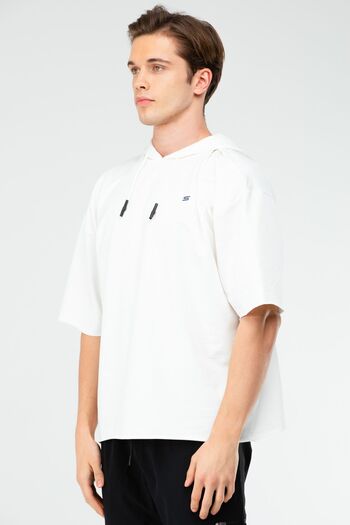 speedlife Ecru Oversize Cotton Hooded Short Sleeve Men's Sweatshirt Xc2319