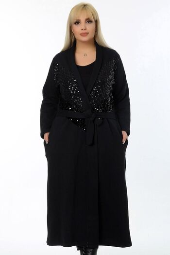 Kheos Sequin Detailed Pocket Belted Full Length Long Style Cardigan