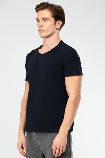 speedlife Navy Blue Regular Cotton V-Neck Men's T-Shirt Xf1606