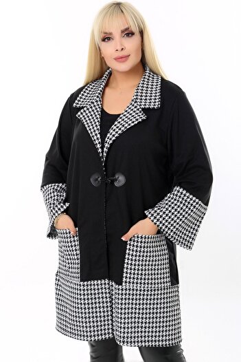 Kheos Goose Feet Patterned Long Cardigan with Pockets and Hooks on the Front.