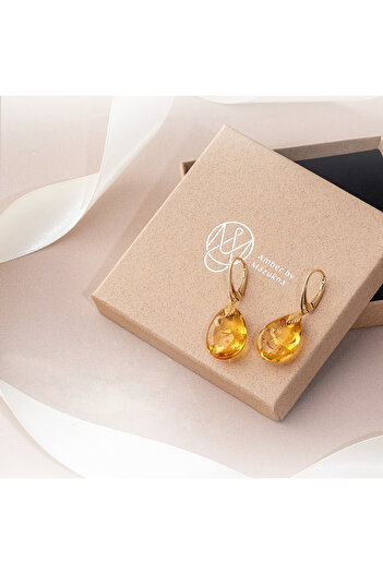 Amber by Mazukna Bal Sarısı Damla Kesim Kehribar Küpe, 925 Gümüş Altın Kaplama Kilit, Genç, Sertifikalı