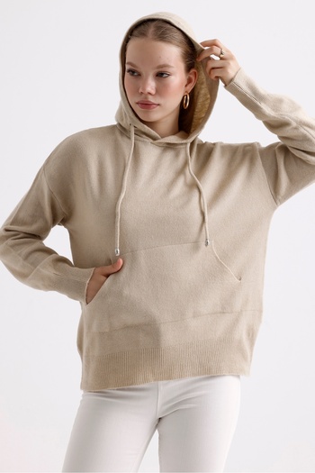 MD trend Kangaroo Pocket Hooded Back Written Knitwear Women's Sweater