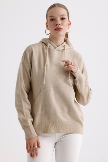 MD trend Kangaroo Pocket Hooded Back Written Knitwear Women's Sweater
