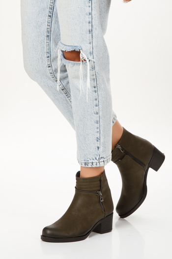 L&L Χακί Γυναικείες Μπότες - Nubuck Look, Χαμηλό Τακούνι