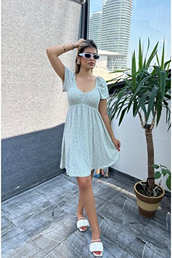 Kübra Tekstil V-Neck Patterned Mini Short Sleeve Dress -200