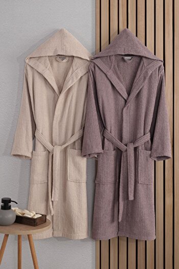 Güvenal Σετ μπουρνούζι με ριγέ Verona Cotton 2 - Σετ μπουρνούζι με κουκούλα και προίκα Unisex
