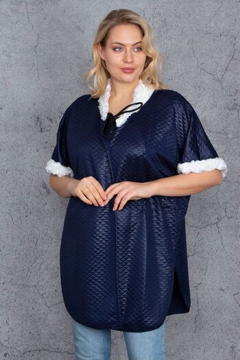 Şans Women's Large Size Navy Blue Faux Fur Detailed Quilted Patterned Cape 65n35430