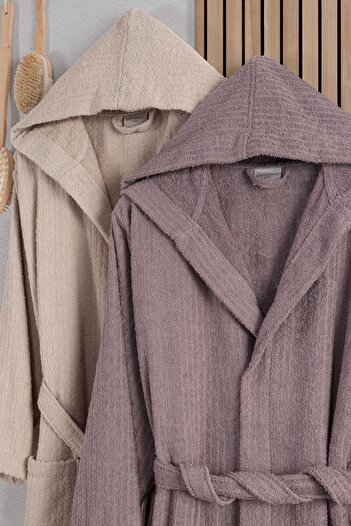 Güvenal Σετ μπουρνούζι με ριγέ Verona Cotton 2 - Σετ μπουρνούζι με κουκούλα και προίκα Unisex